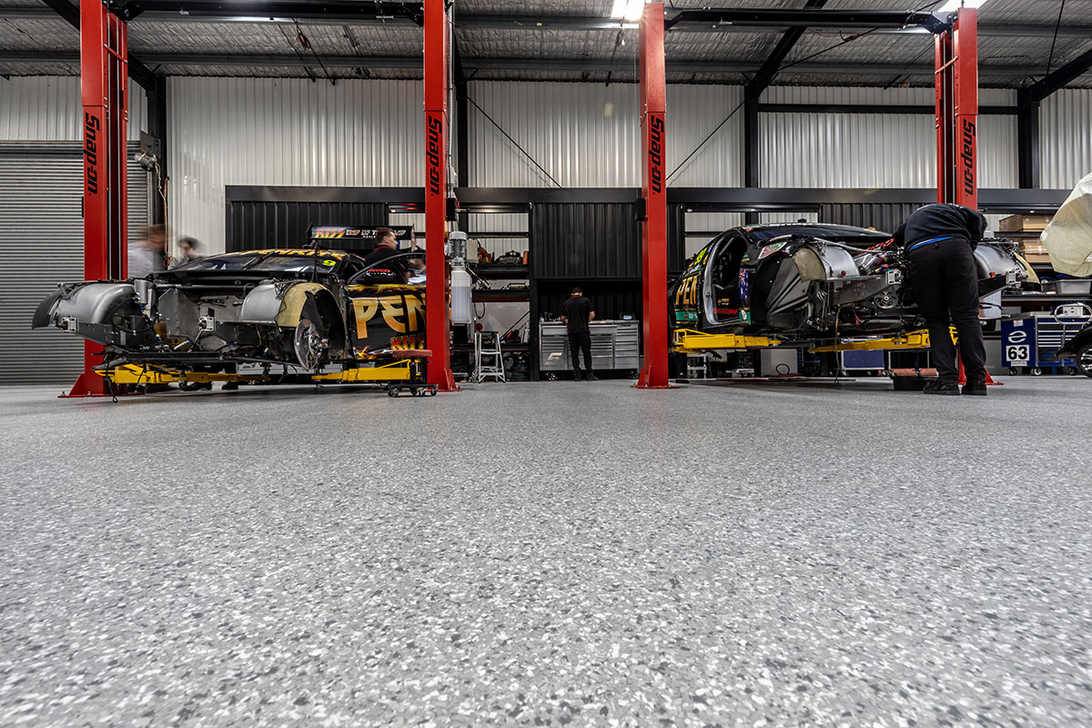 Epoxy flake flooring, Penrite Racing workshop Melbourne
