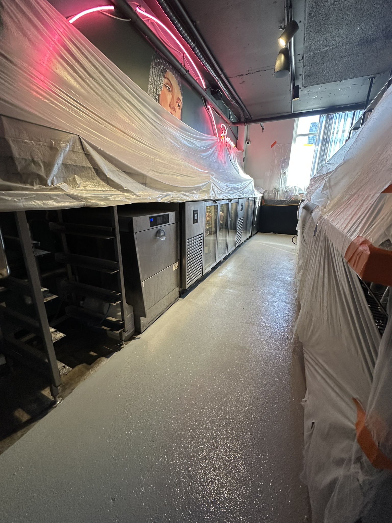 Non-slip epoxy flooring, commercial kitchen installation